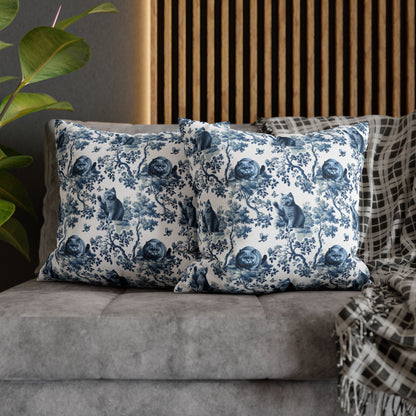 British Shorthair Cat blue toile throw pillow cover shown close up