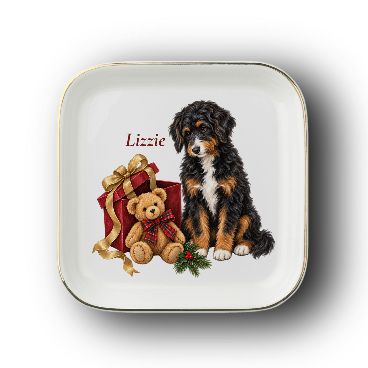 Aussiedoodle (Black Tricolor) Bear Necessities jewelry dish on a white background