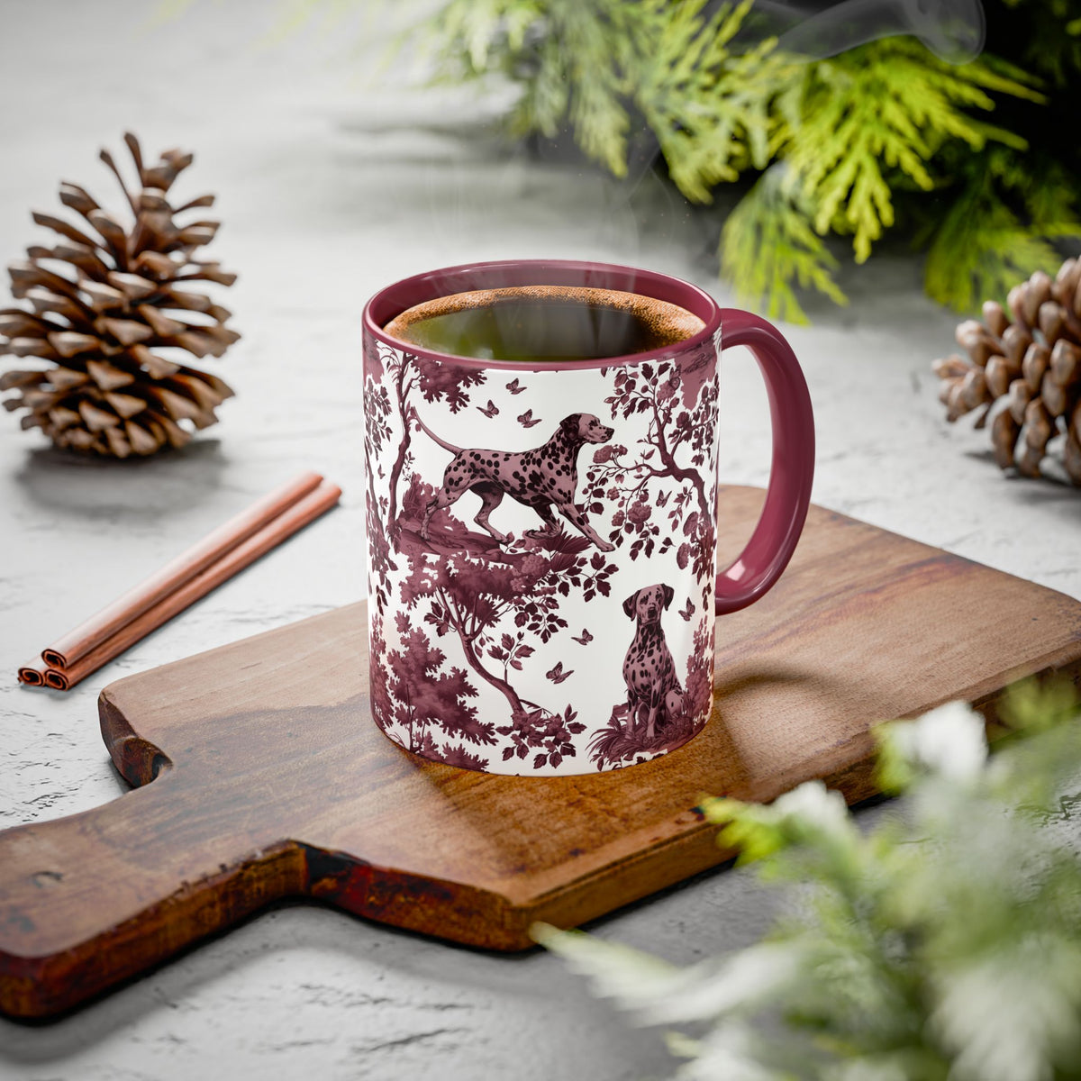 Dalmatian cranberry toile ceramic mug styled on a table, lifestyle photo