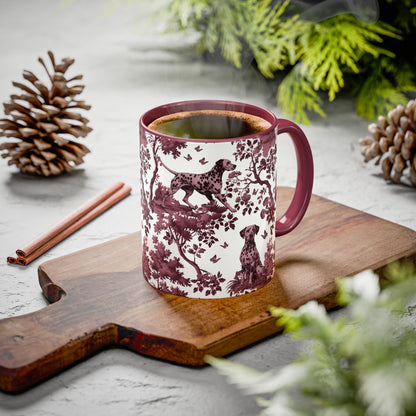 Dalmatian cranberry toile ceramic mug styled on a table, lifestyle photo