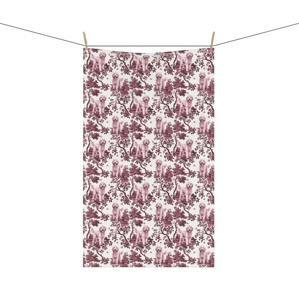 Goldendoodle Tea Towel with cranberry toile design, hanging from a clothesline, showing the full repeating design.
