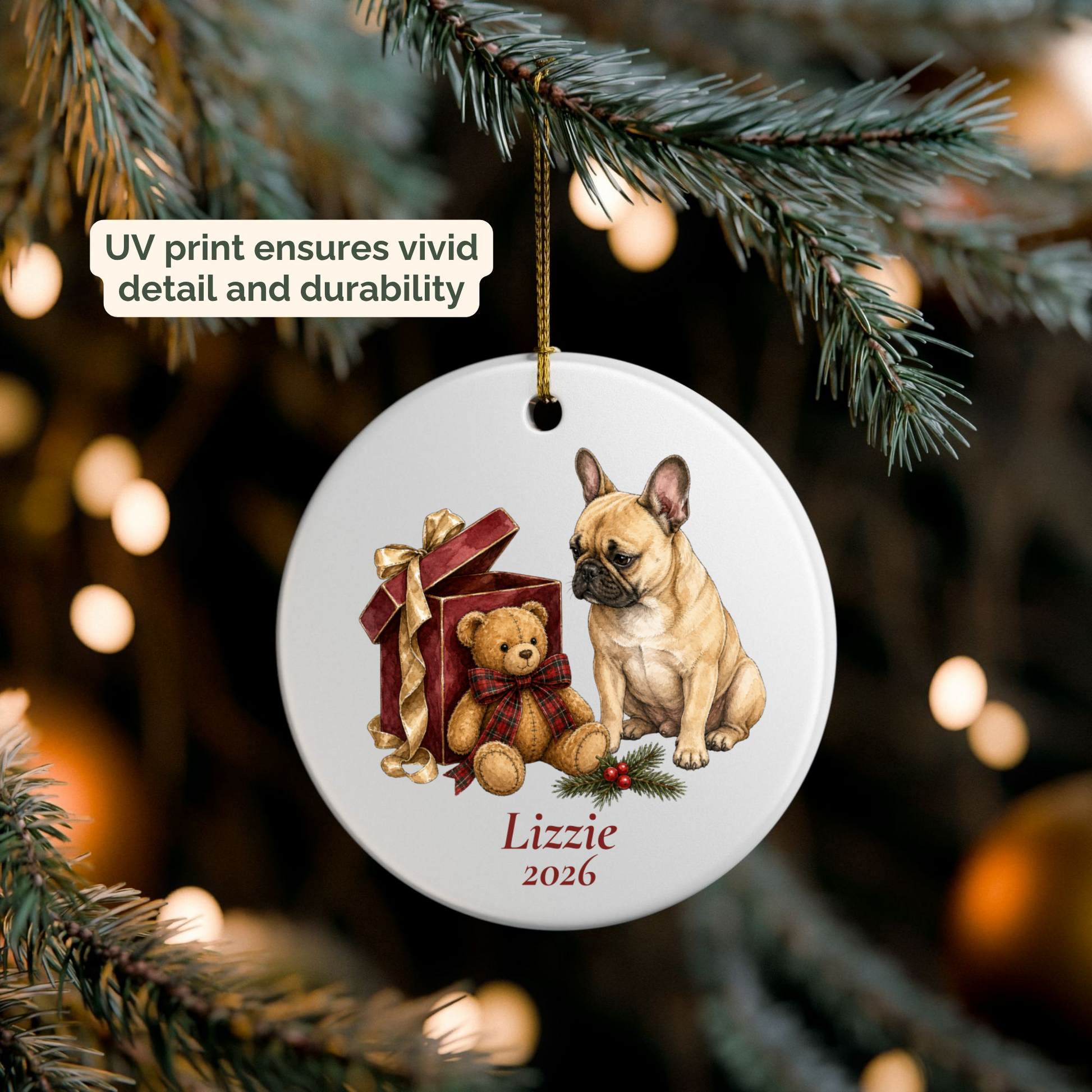 Personalized French Bulldog (Fawn) ornament hanging on a lit Christmas tree