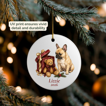 Personalized French Bulldog (Fawn) ornament hanging on a lit Christmas tree