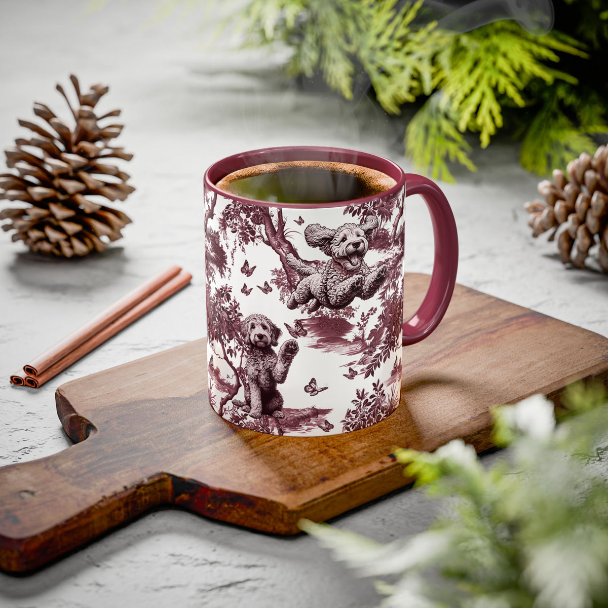 Goldendoodle cranberry toile ceramic mug styled on a table, lifestyle photo