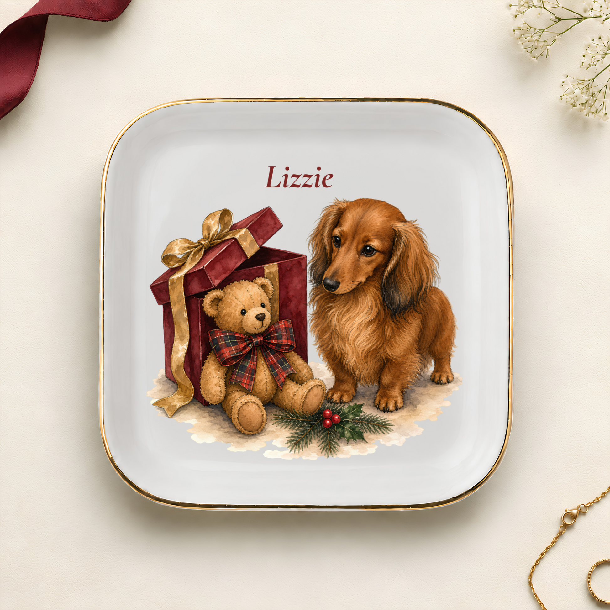 Personalized Longhaired Dachshund Christmas jewelry dish with gold rim