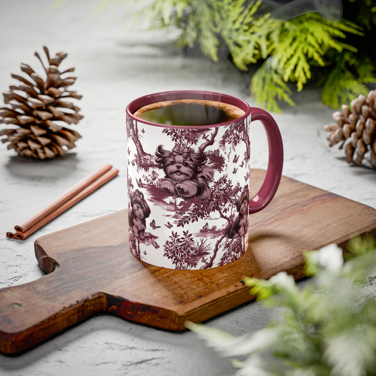 Shih Tzu & Butterfly cranberry toile ceramic mug styled on a table, lifestyle photo