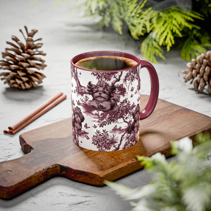 Shih Tzu & Butterfly cranberry toile ceramic mug styled on a table, lifestyle photo