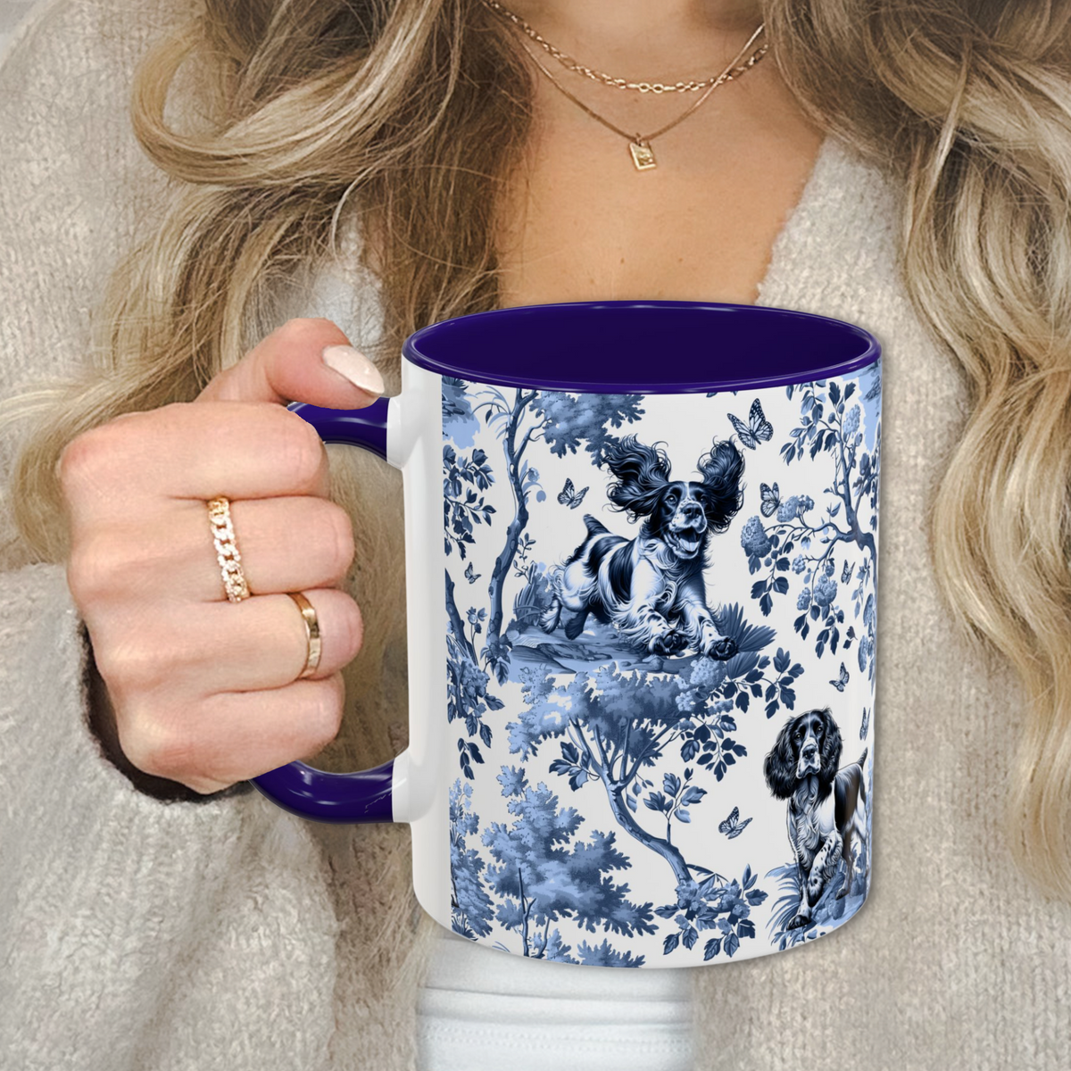 English Springer Spaniel · Garden Toile Deux · Navy Blue Handle Mug
