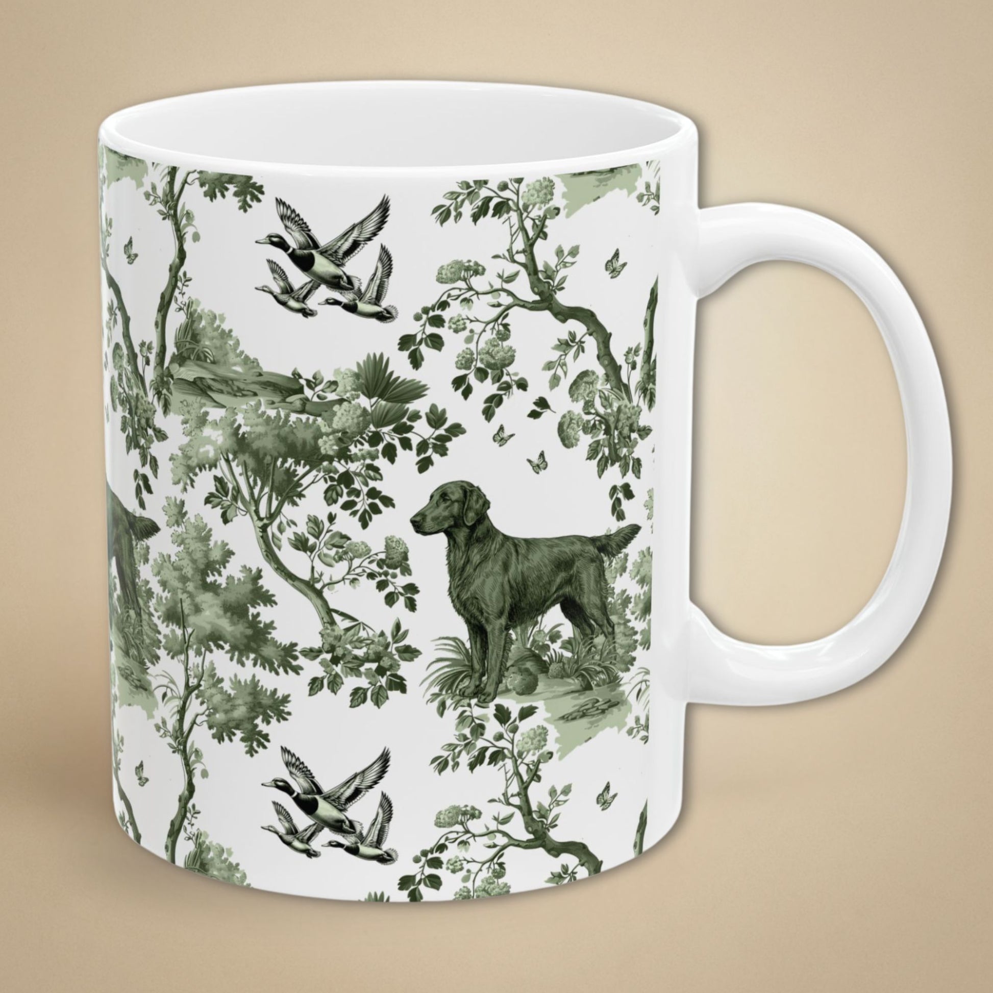 Sage green toile Flat-Coated Retriever coffee mug with white handle