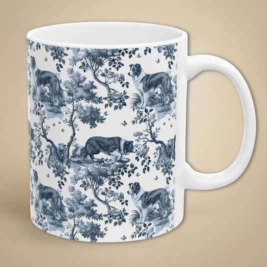 Border Collie Mug - Blue Toile Pattern