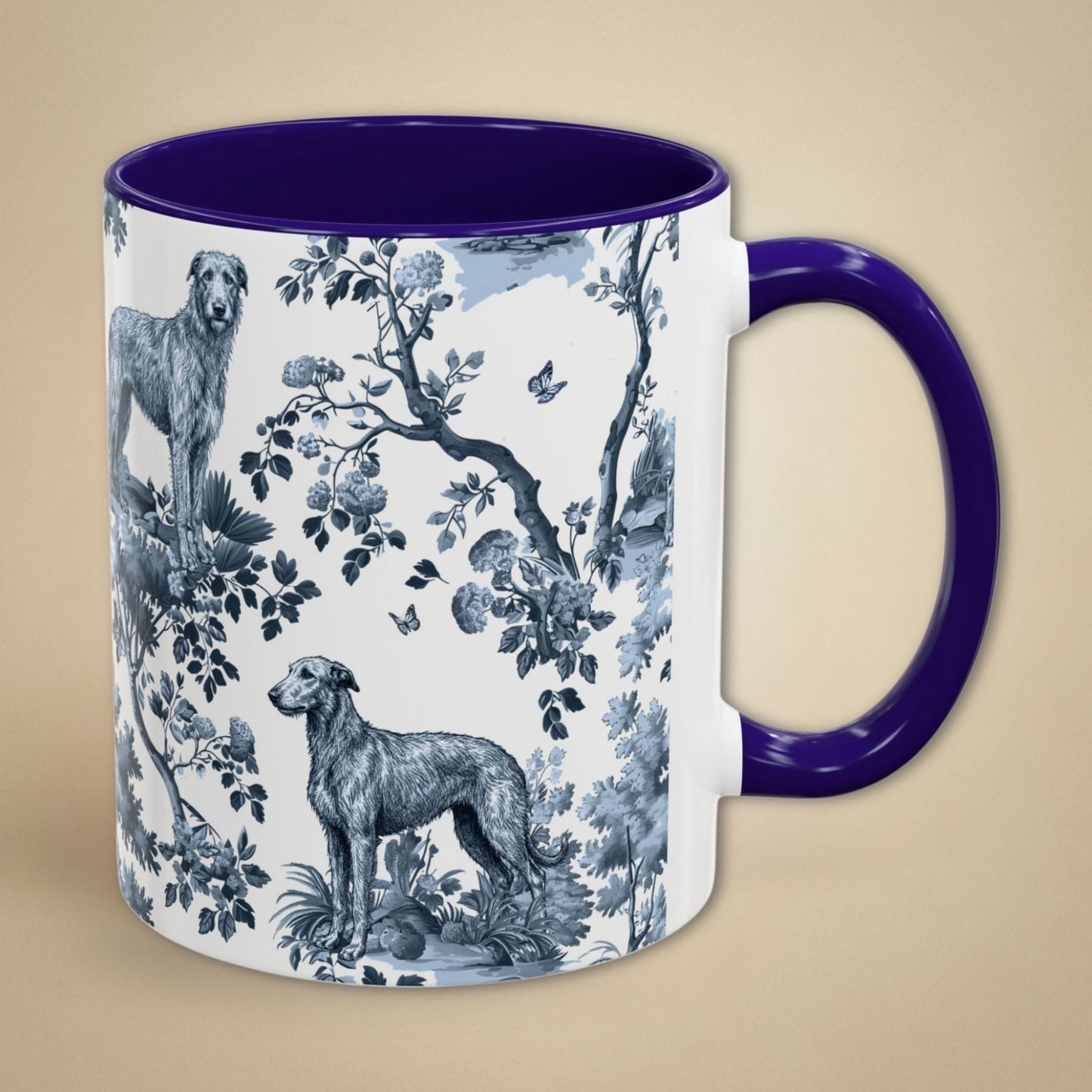 Blue toile Scottish Deerhound coffee mug with blue handle