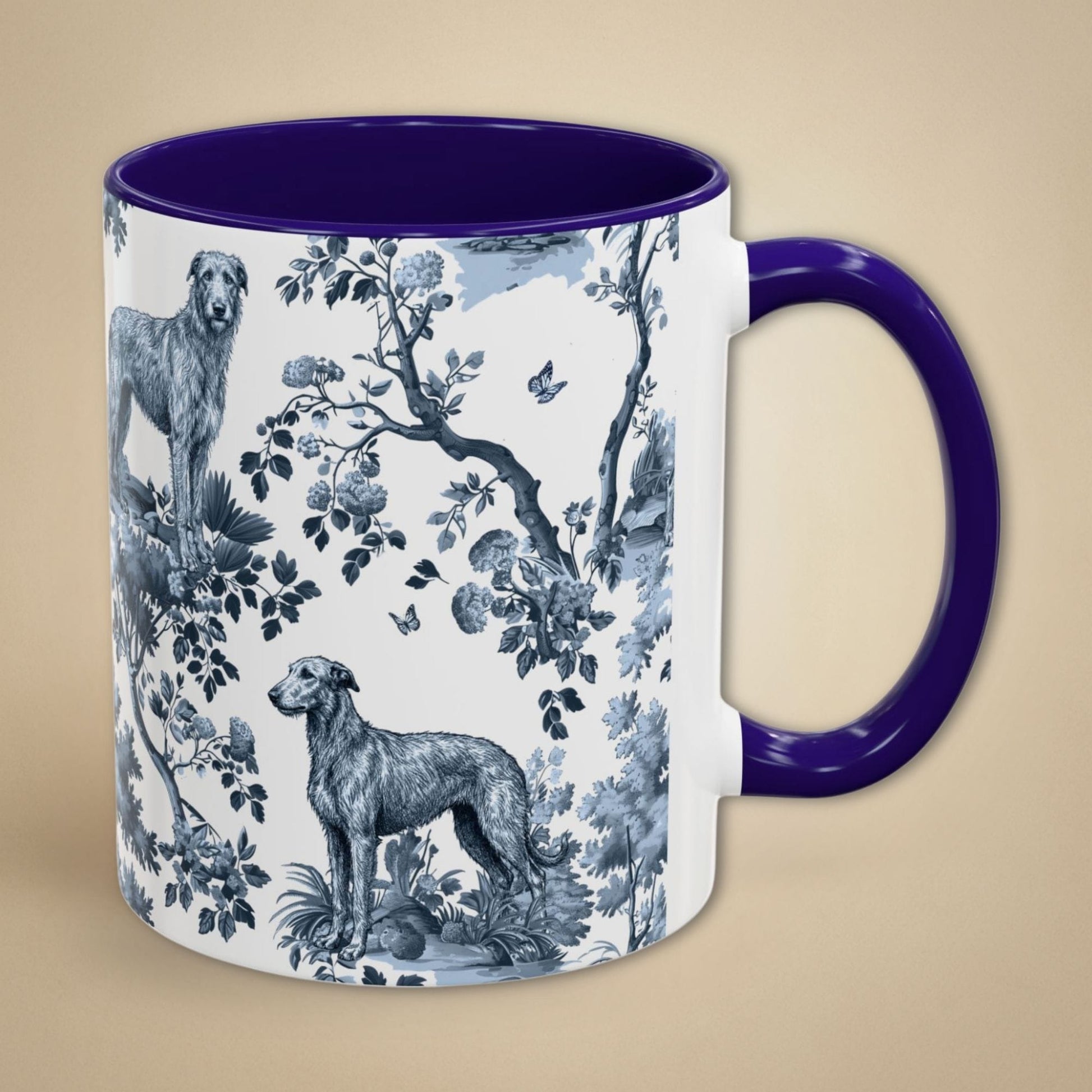 Blue toile Scottish Deerhound coffee mug with blue handle