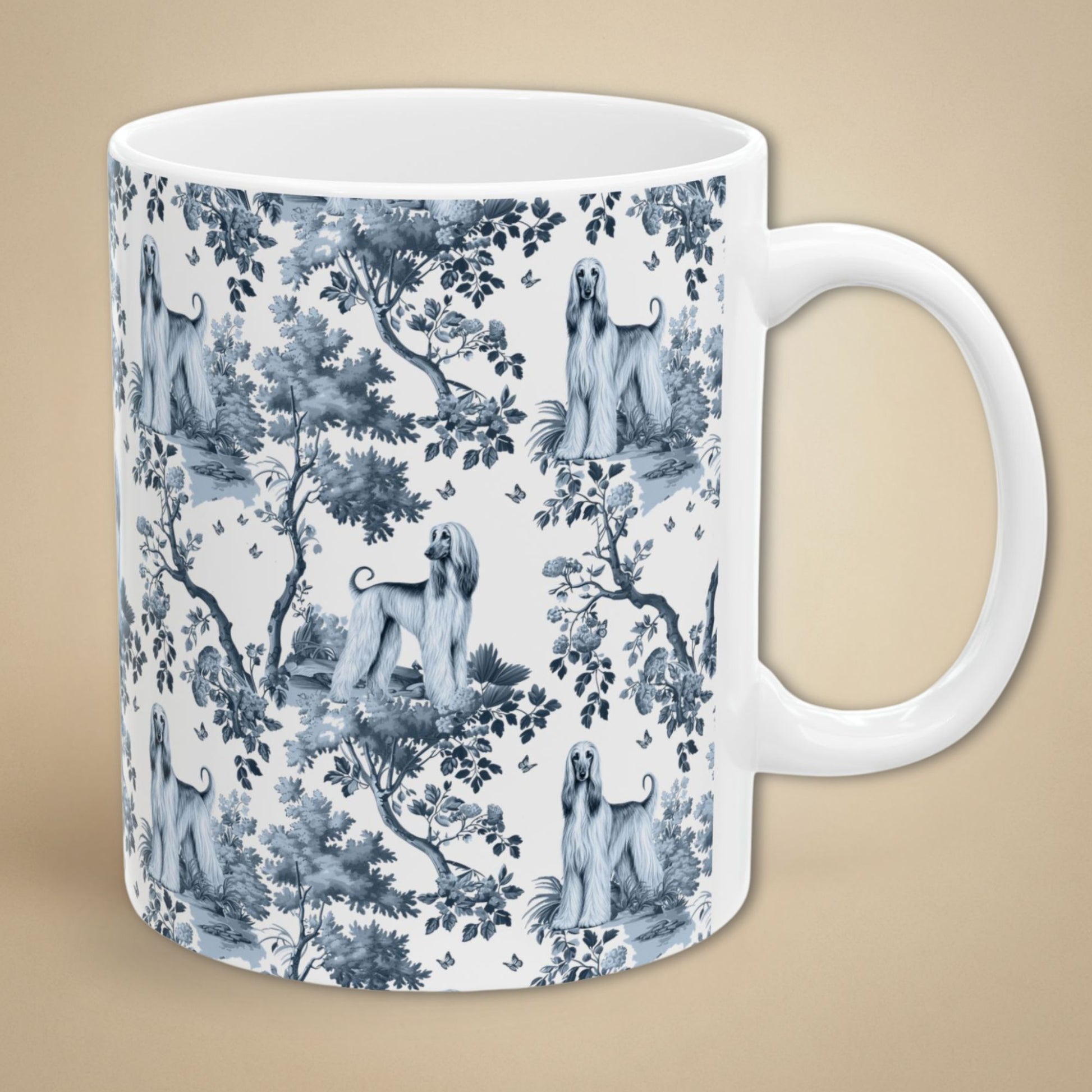 Blue toile Afghan Hound coffee mug with white handle
