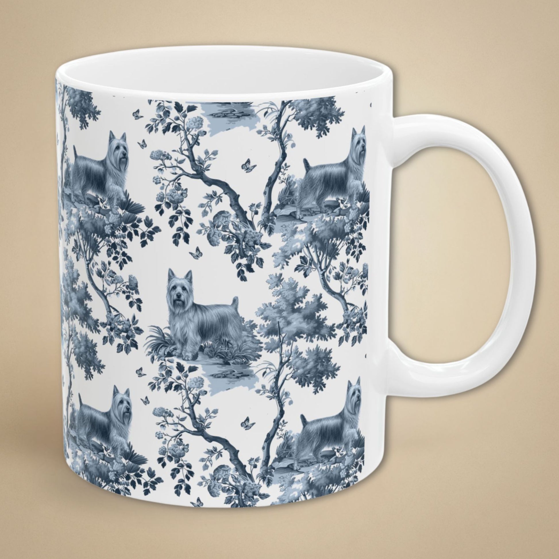 Blue toile Silky Terrier coffee mug with white handle