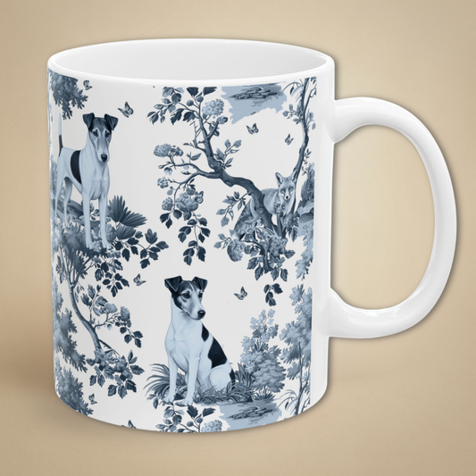 Japanese Chin blue toile coffee mug 11 oz with white handle