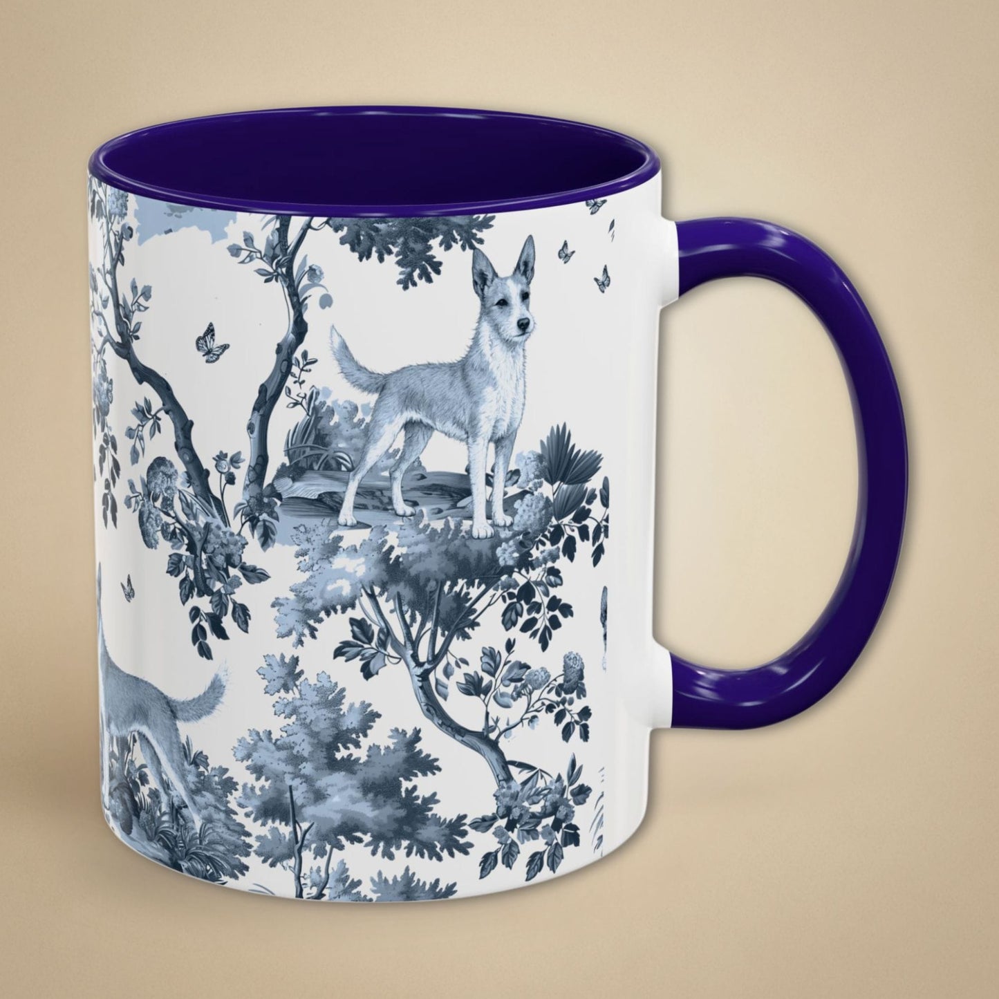 Blue toile Portuguese Podengo coffee mug with blue handle