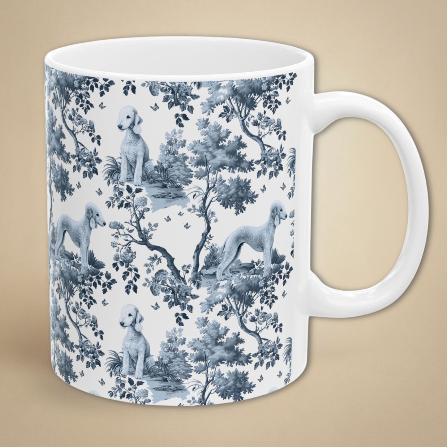 Blue toile Bedlington Terrier coffee mug with white handle