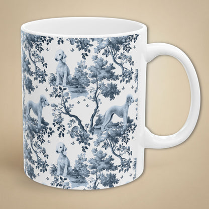 Blue toile Bedlington Terrier coffee mug with white handle