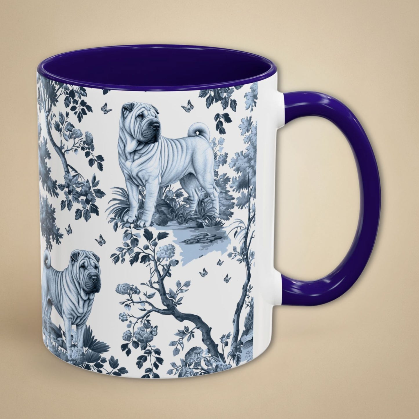 Blue toile Chinese Shar-Pei coffee mug with blue handle
