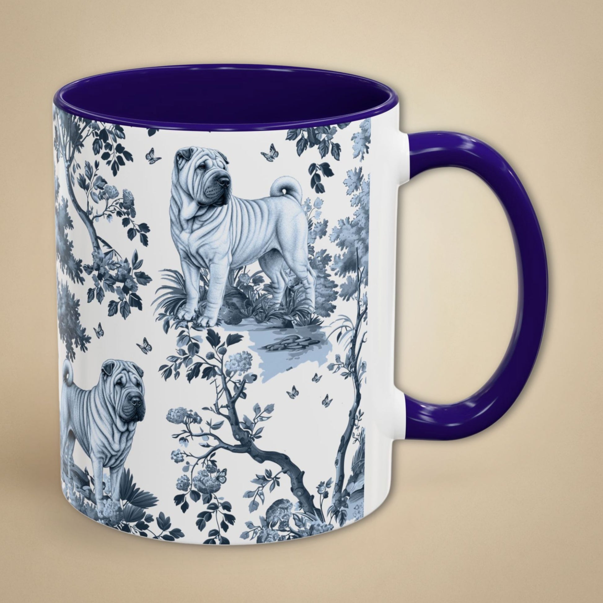 Blue toile Chinese Shar-Pei coffee mug with blue handle