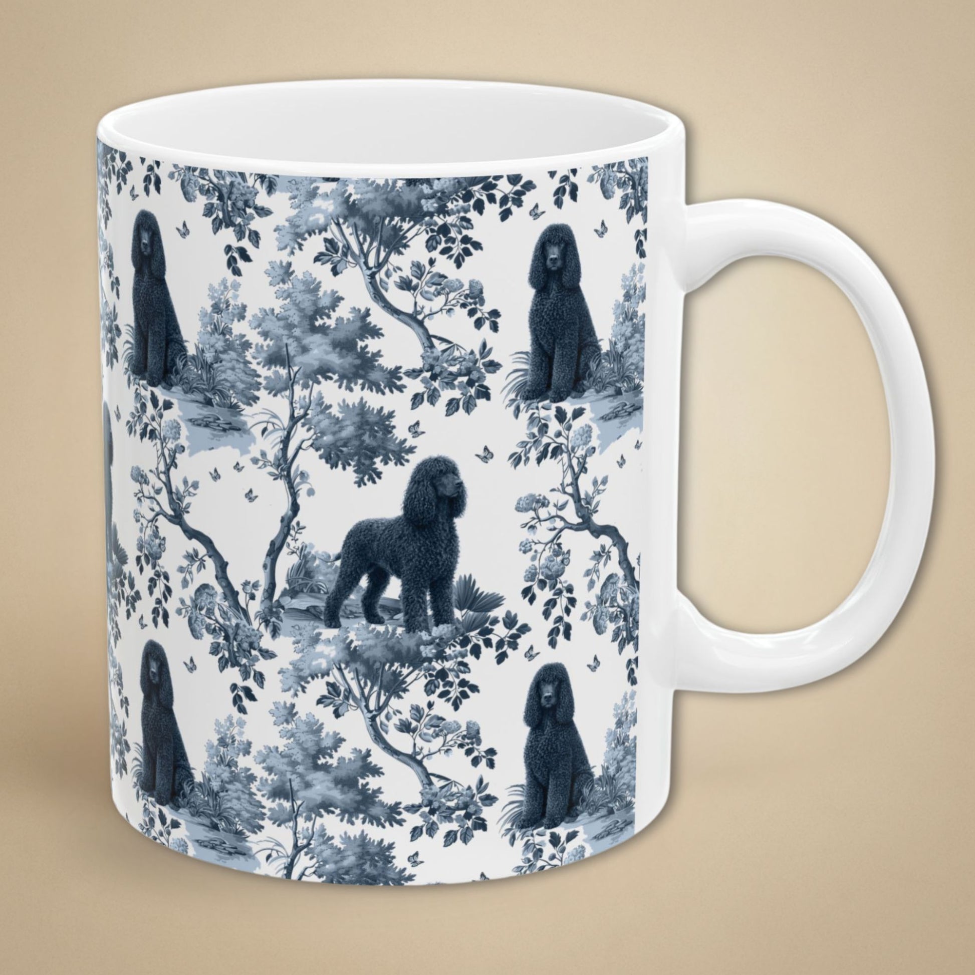 Blue toile Irish Water Spaniel coffee mug with white handle