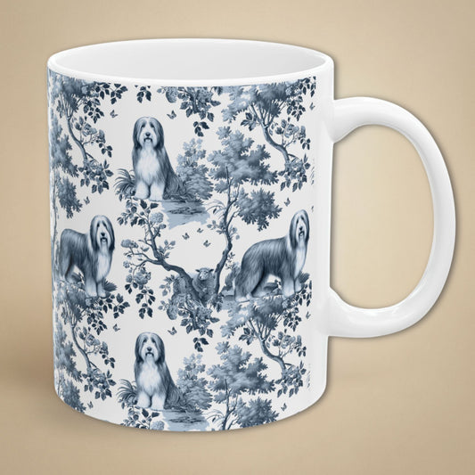 Bearded Collie Mug - Blue Toile Pattern
