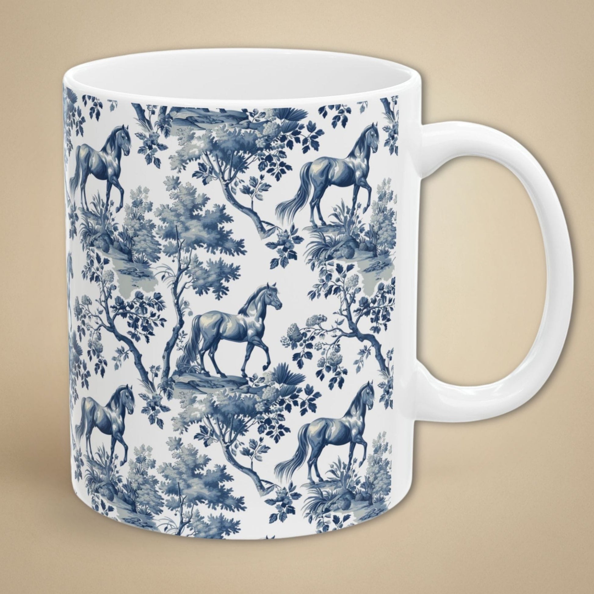 Classic blue toile Horse coffee mug with white handle