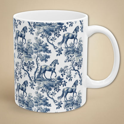 Classic blue toile Horse coffee mug with white handle