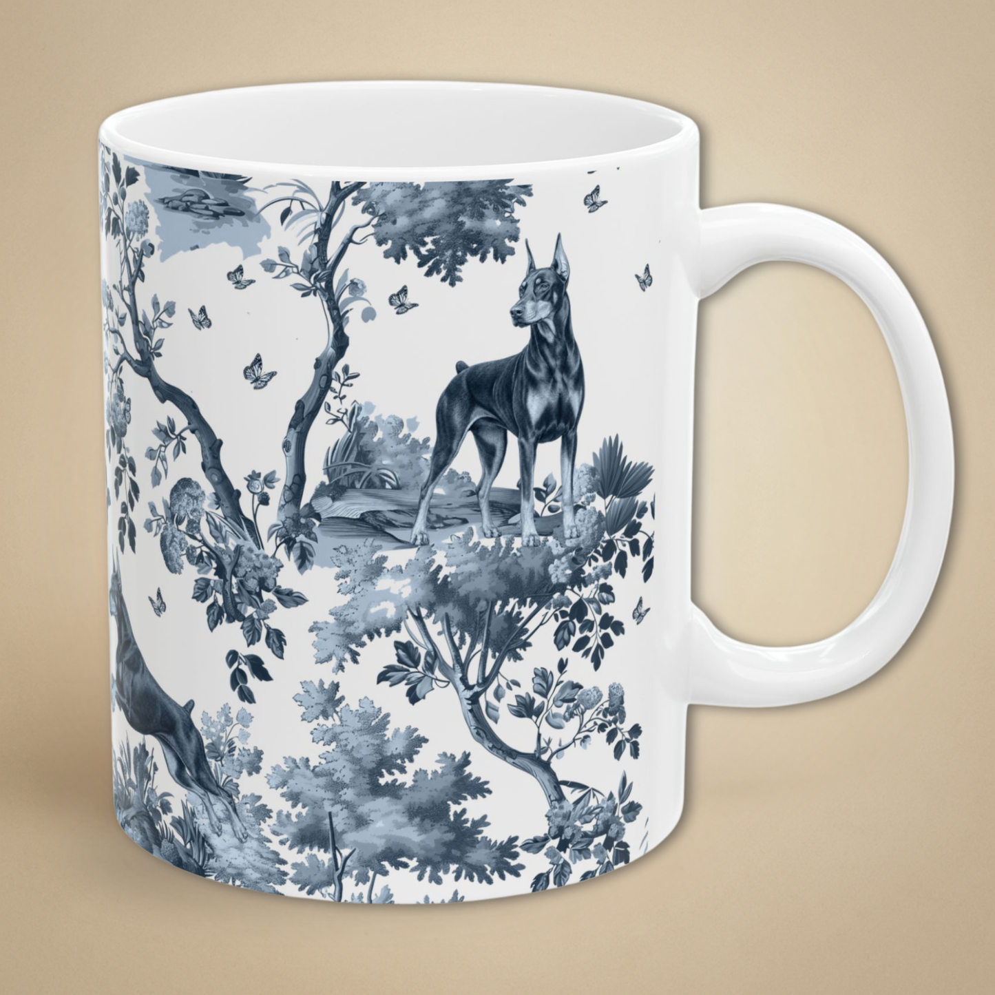 Doberman 2 Mug - Blue Toile Pattern