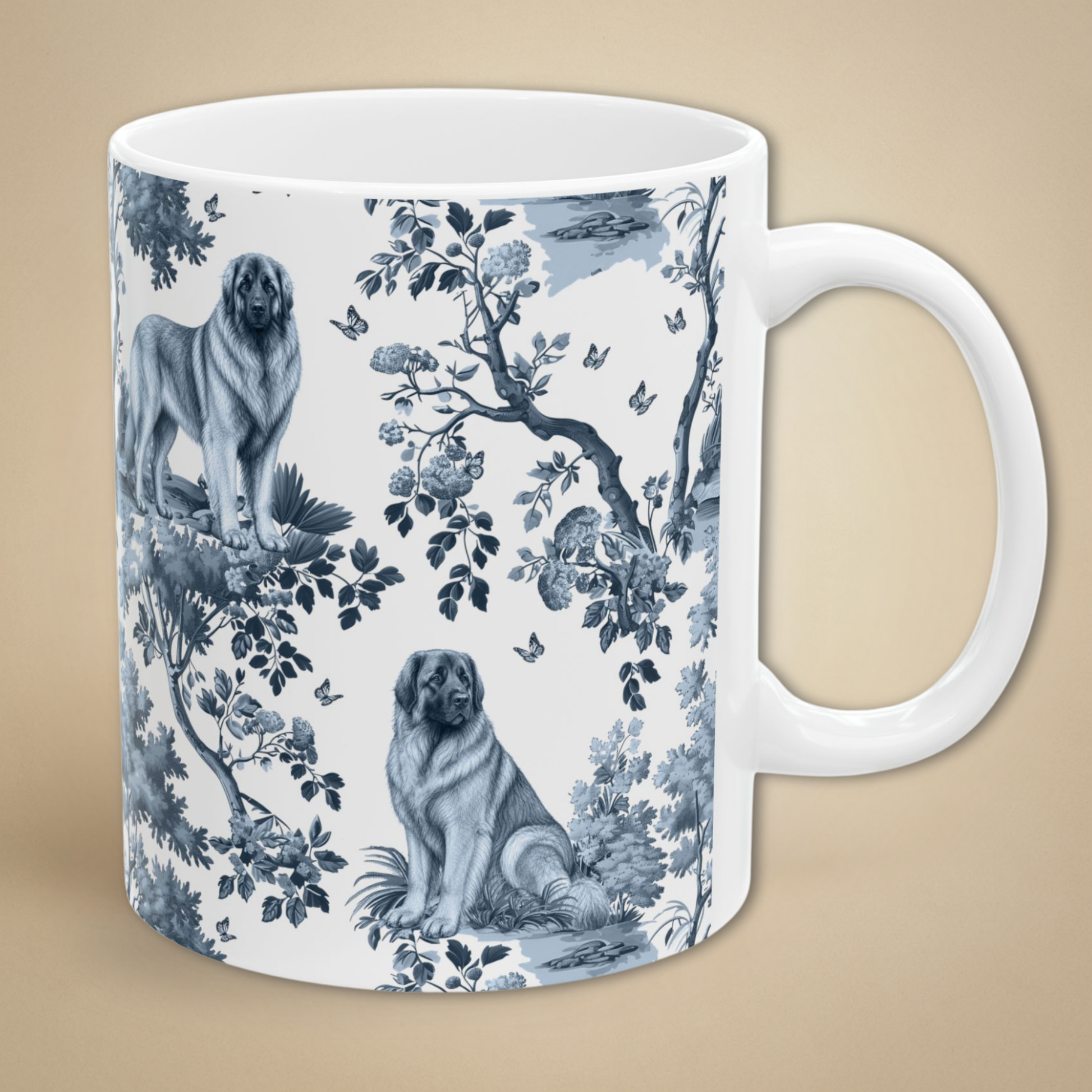 Leonberger blue toile coffee mug 11 oz with white handle