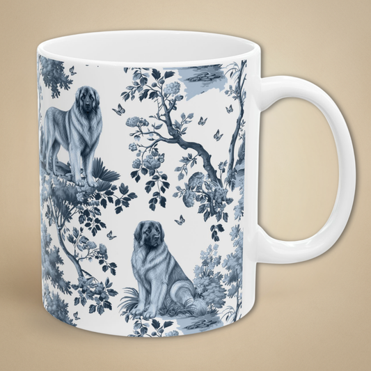 Leonberger blue toile coffee mug 11 oz with white handle