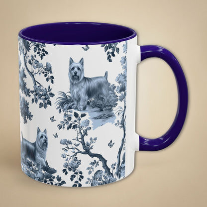 Blue toile Silky Terrier coffee mug with blue handle