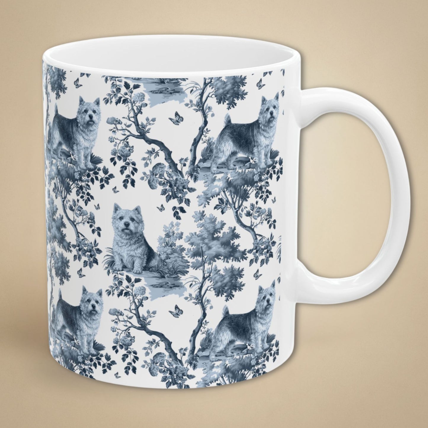 Norwich Terrier Mug - Blue Toile Pattern