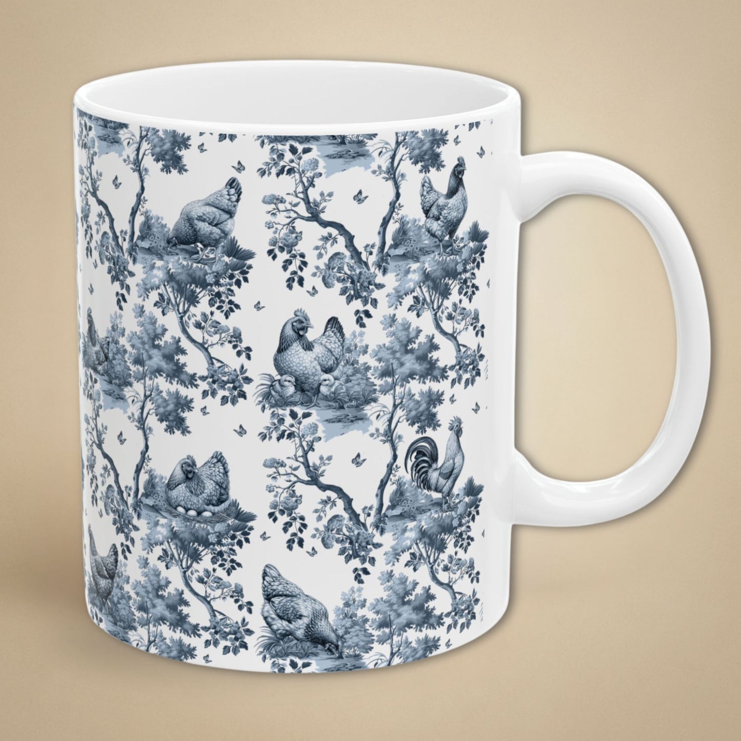 Chicken Mug - Blue Toile Pattern