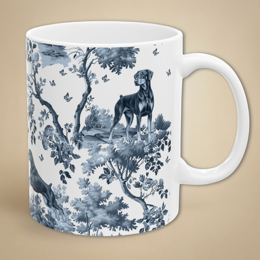 Doberman (Drop Ear) Mug - Blue Toile Pattern