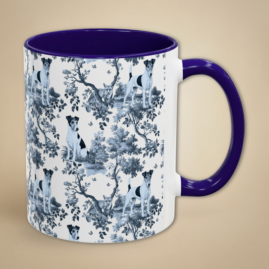 Smooth Fox Terrier blue toile coffee mug 11 oz with navy blue handle