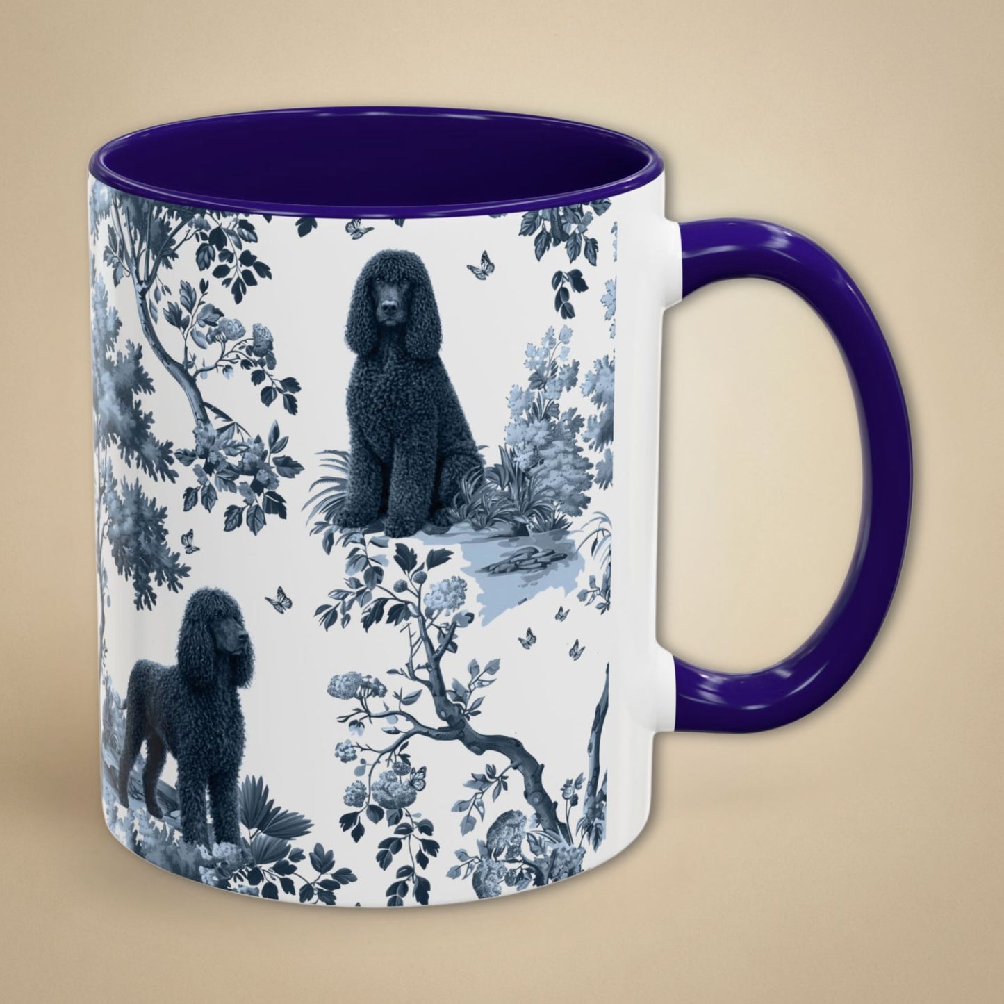 Blue toile Irish Water Spaniel coffee mug with blue handle