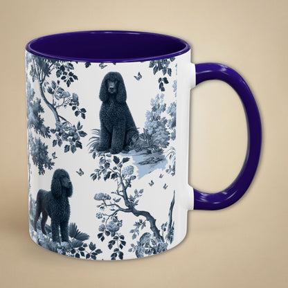 Blue toile Irish Water Spaniel coffee mug with blue handle