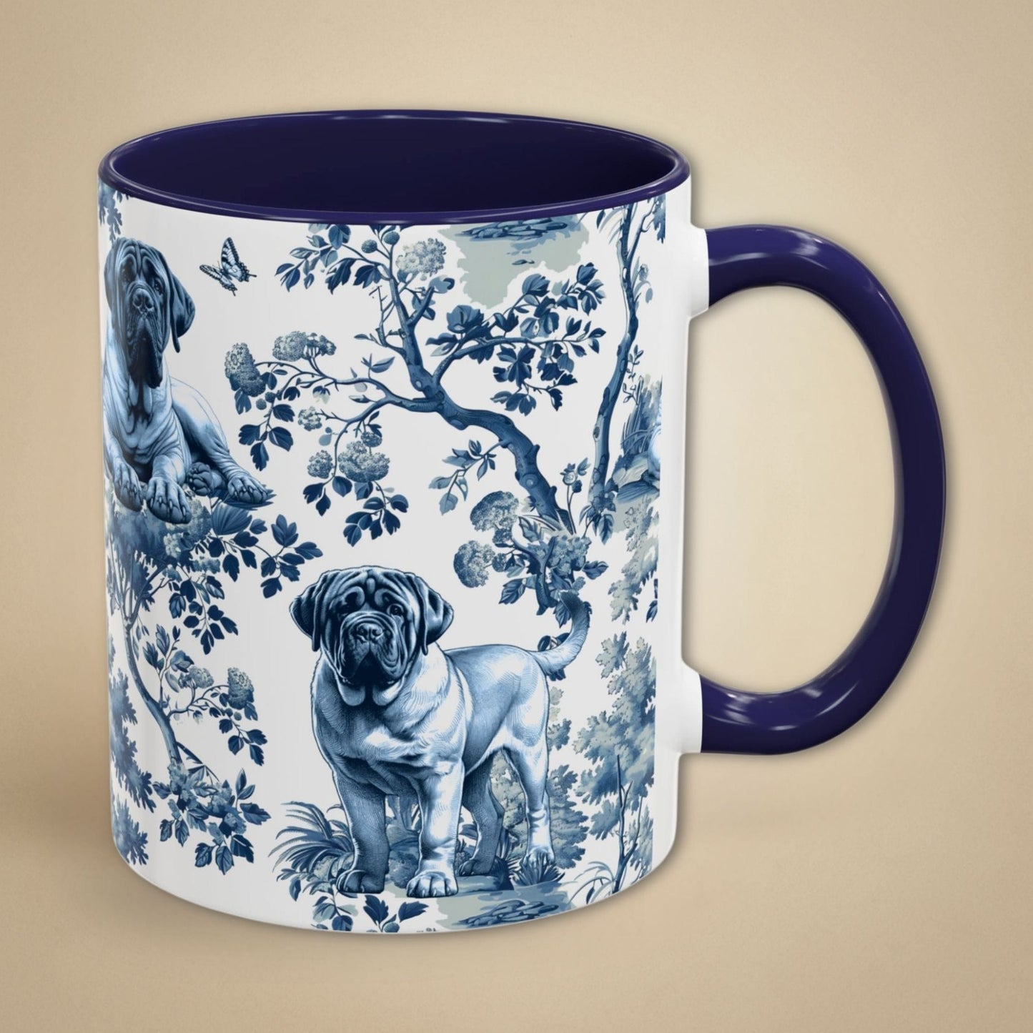 Blue toile English Mastiff coffee mug with blue handle