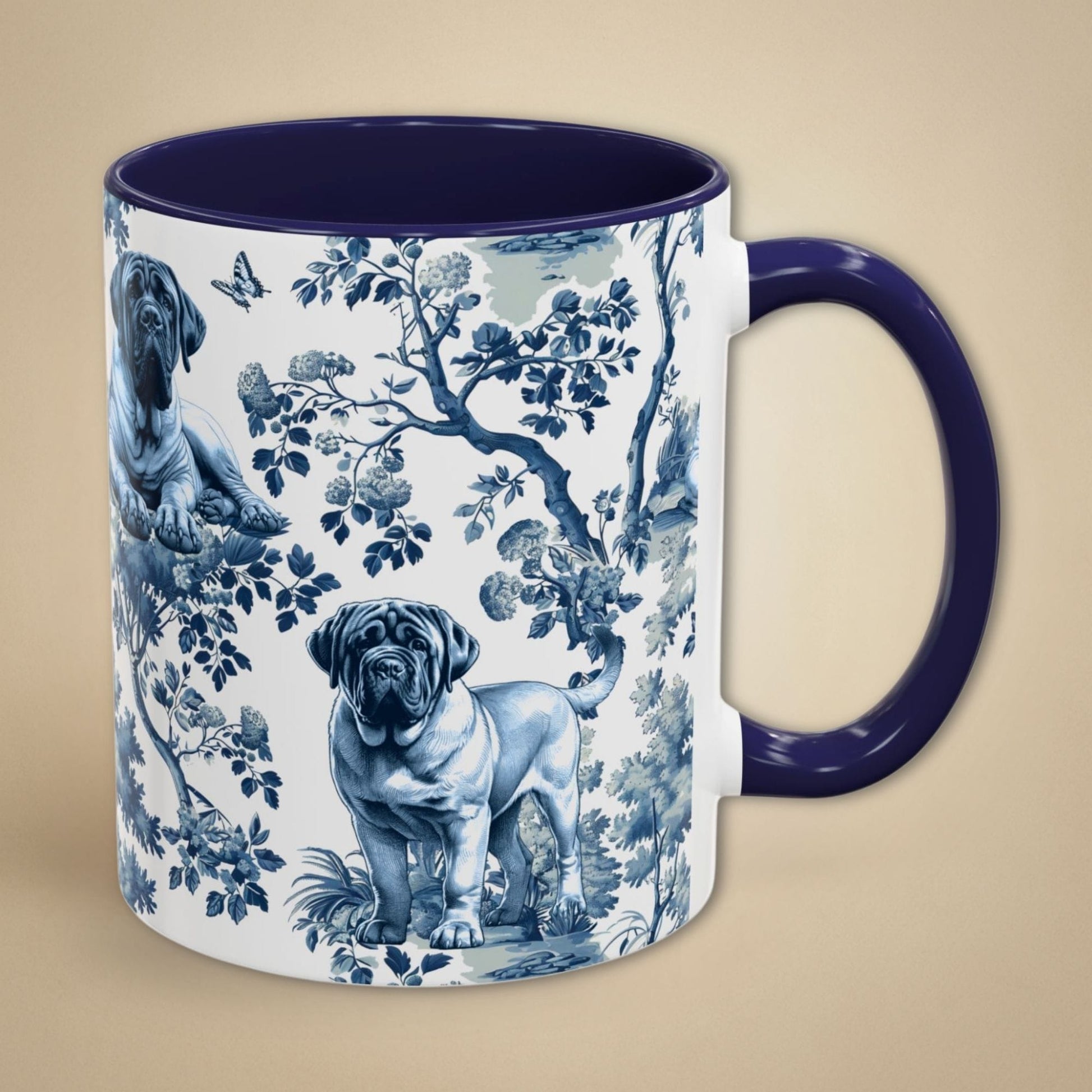 Blue toile English Mastiff coffee mug with blue handle