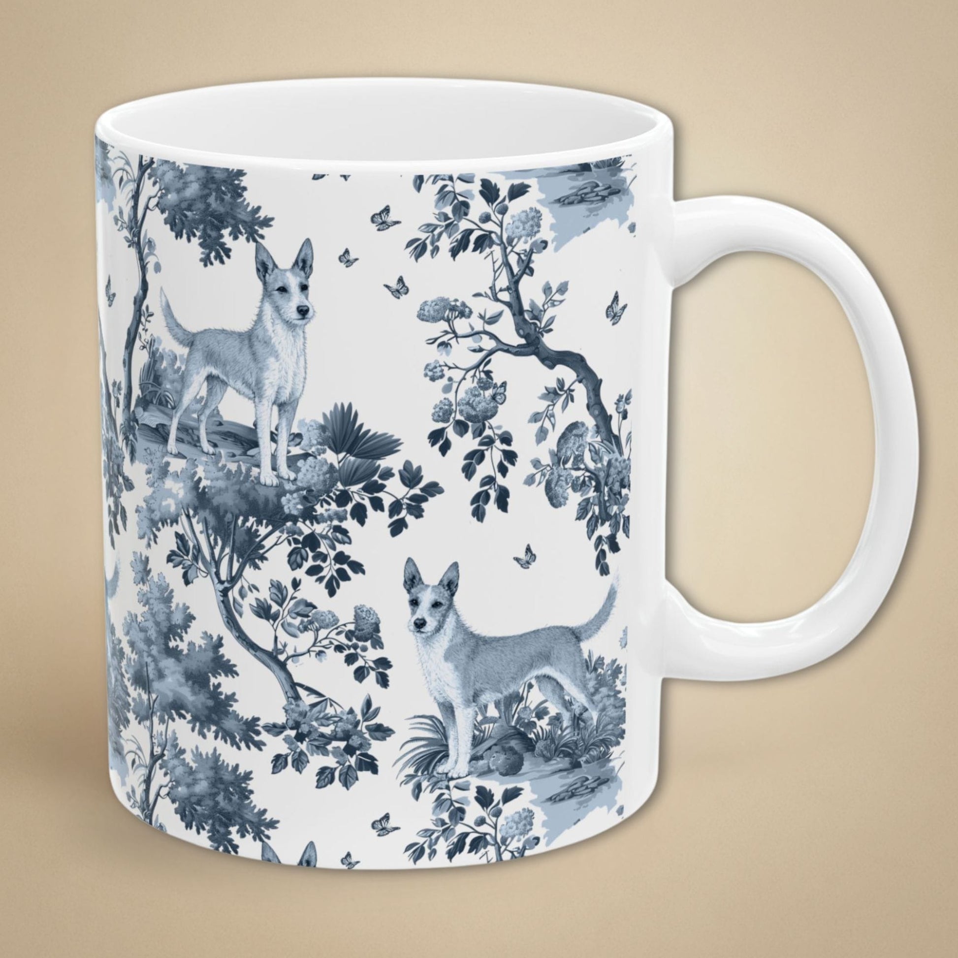 Blue toile Portuguese Podengo coffee mug with white handle
