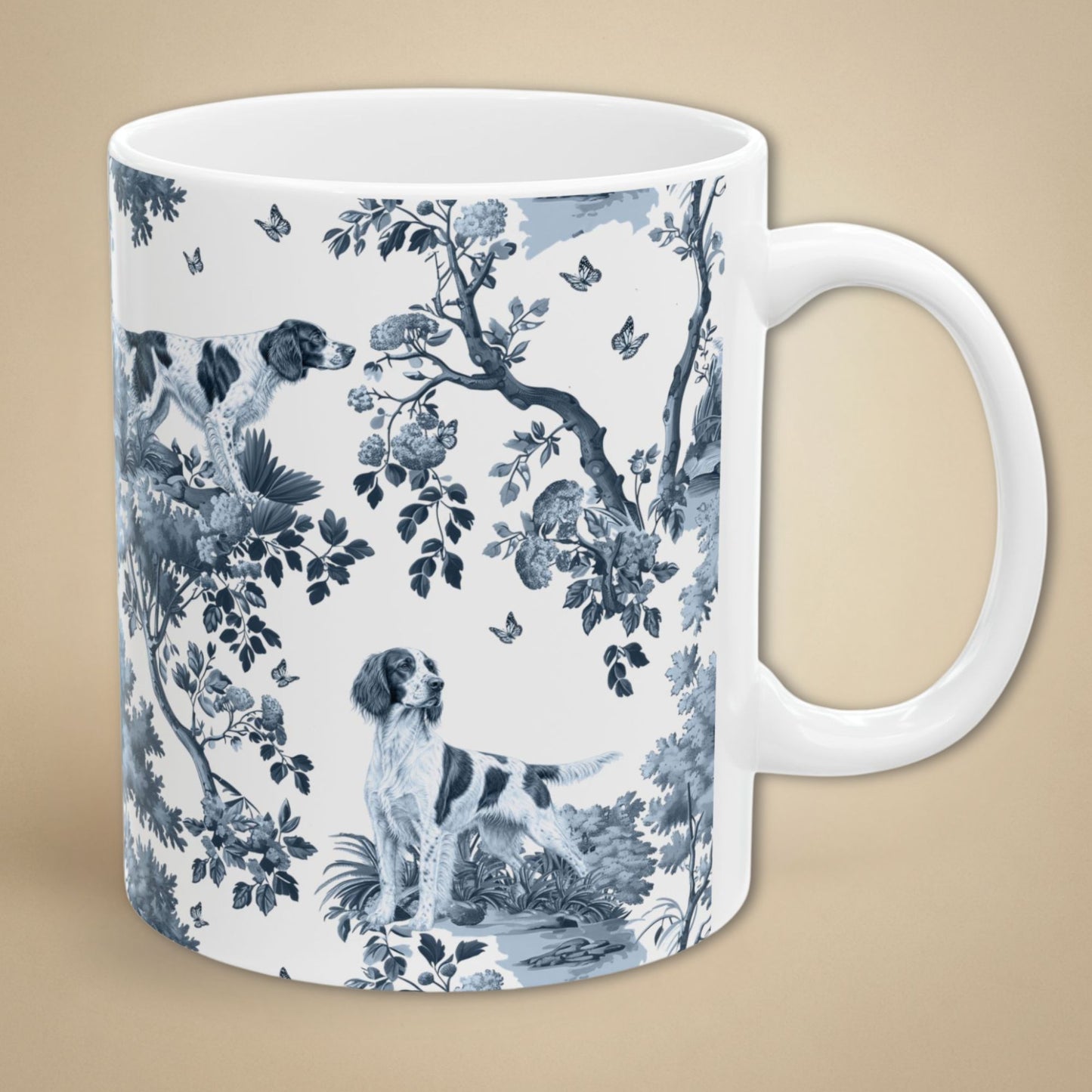 Irish Red and White Setter Mug - Blue Toile Pattern