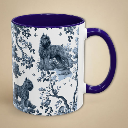 Blue toile Bouvier des Flandres coffee mug with blue handle