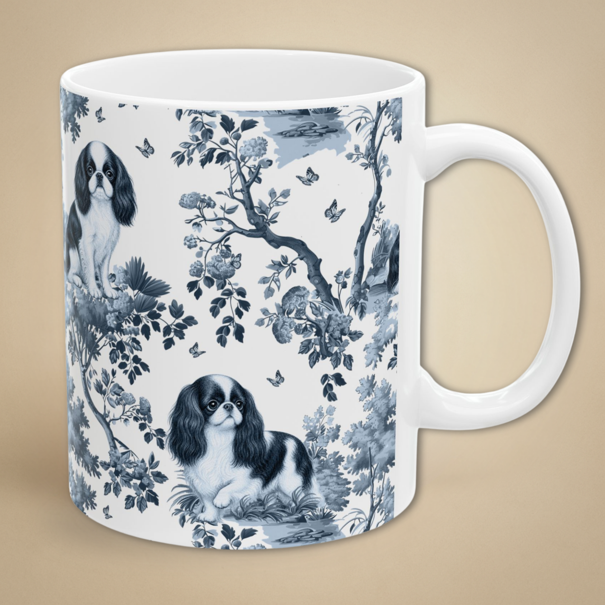 English Toy Spaniel blue toile coffee mug 11 oz with white handle