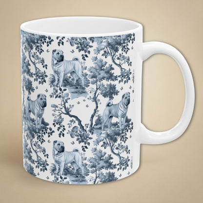 Blue toile Chinese Shar-Pei coffee mug with white handle