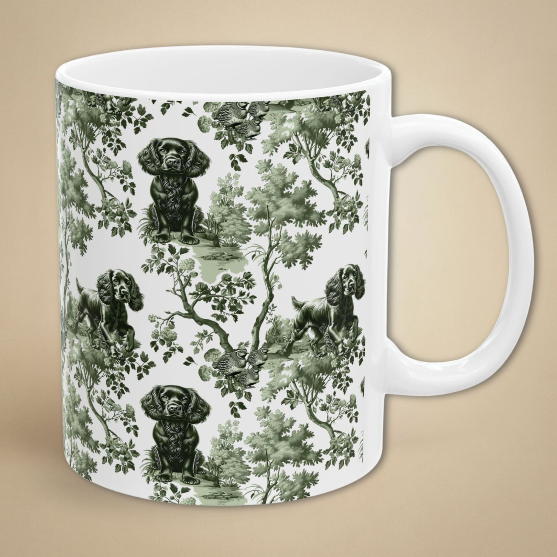 Sage green toile Boykin Spaniel coffee mug with white handle