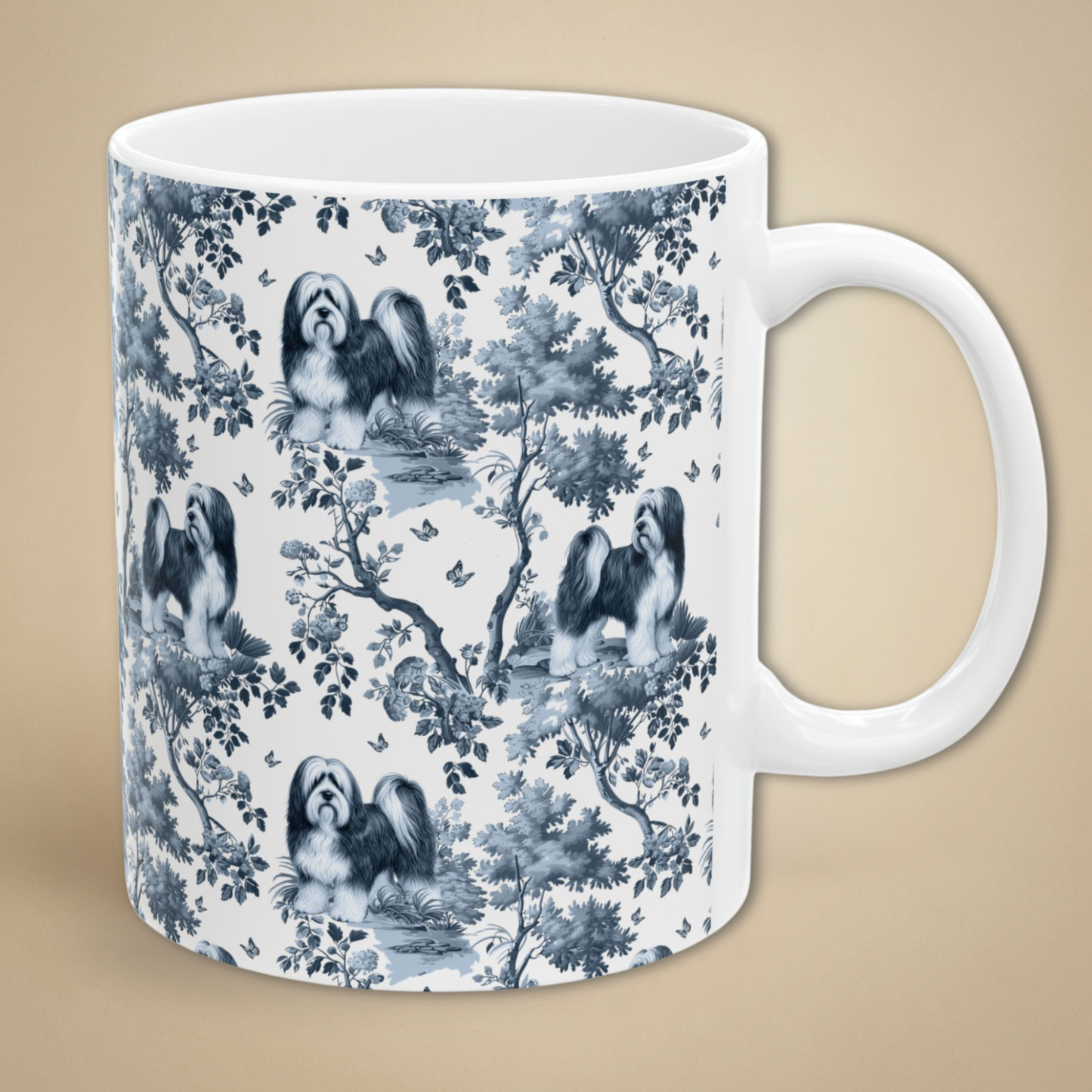 Tibetan Terrier Mug - Blue Toile Pattern