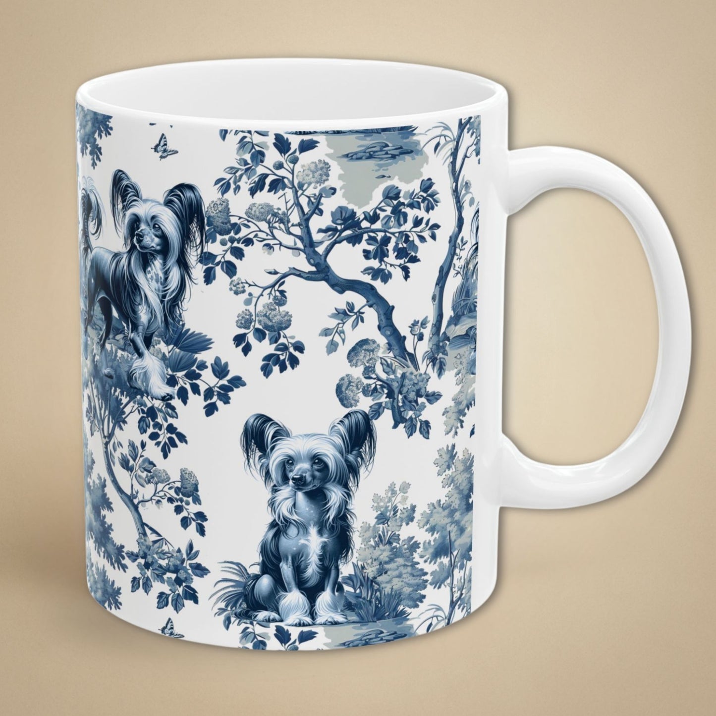 Chinese Crested Mug for Dog Mom, French Toile Dog Coffee Cup, Elegant Chinoiserie Tea Cup Gift for Dog Lover