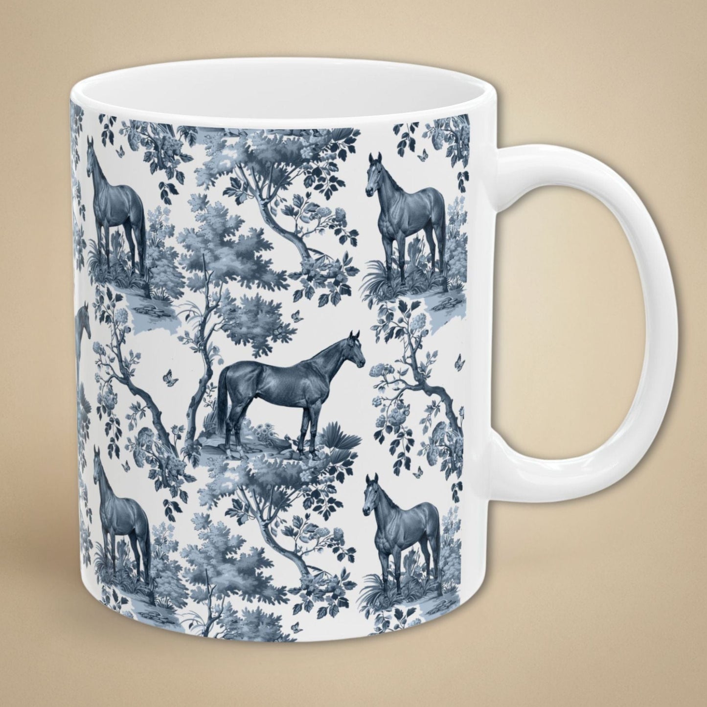 Thoroughbred Horse Mug - Blue Toile Pattern
