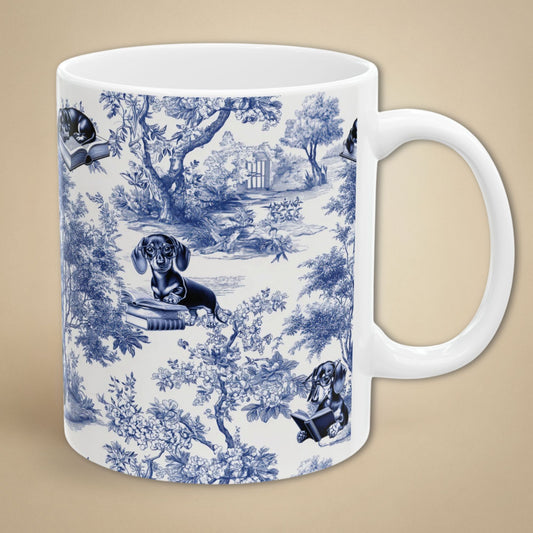 Dachshund Toile Mug - Doxie Reading